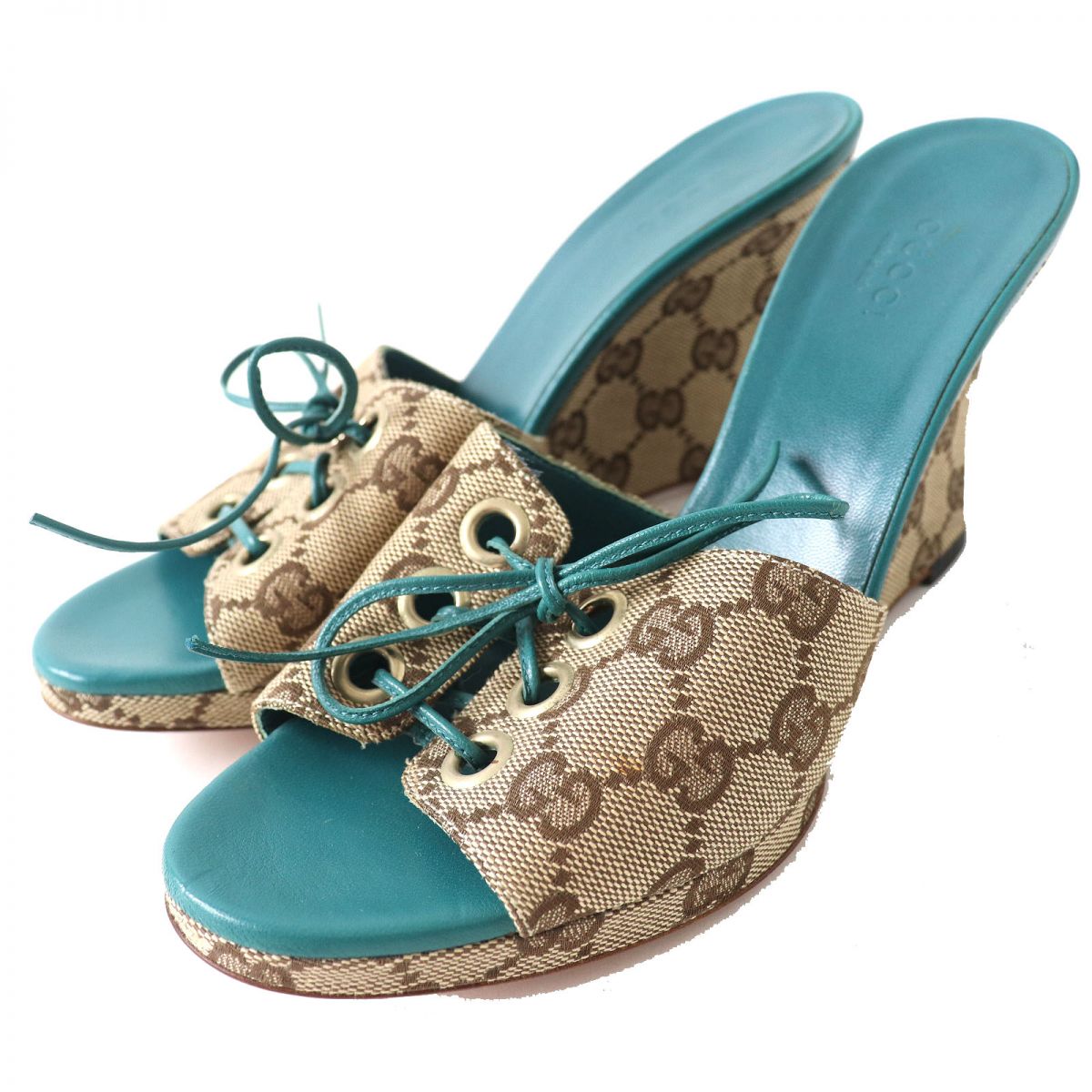 Luxury Gucci Trending 2025 GG Canvas Leather Wedge Sandals, Size 35.5