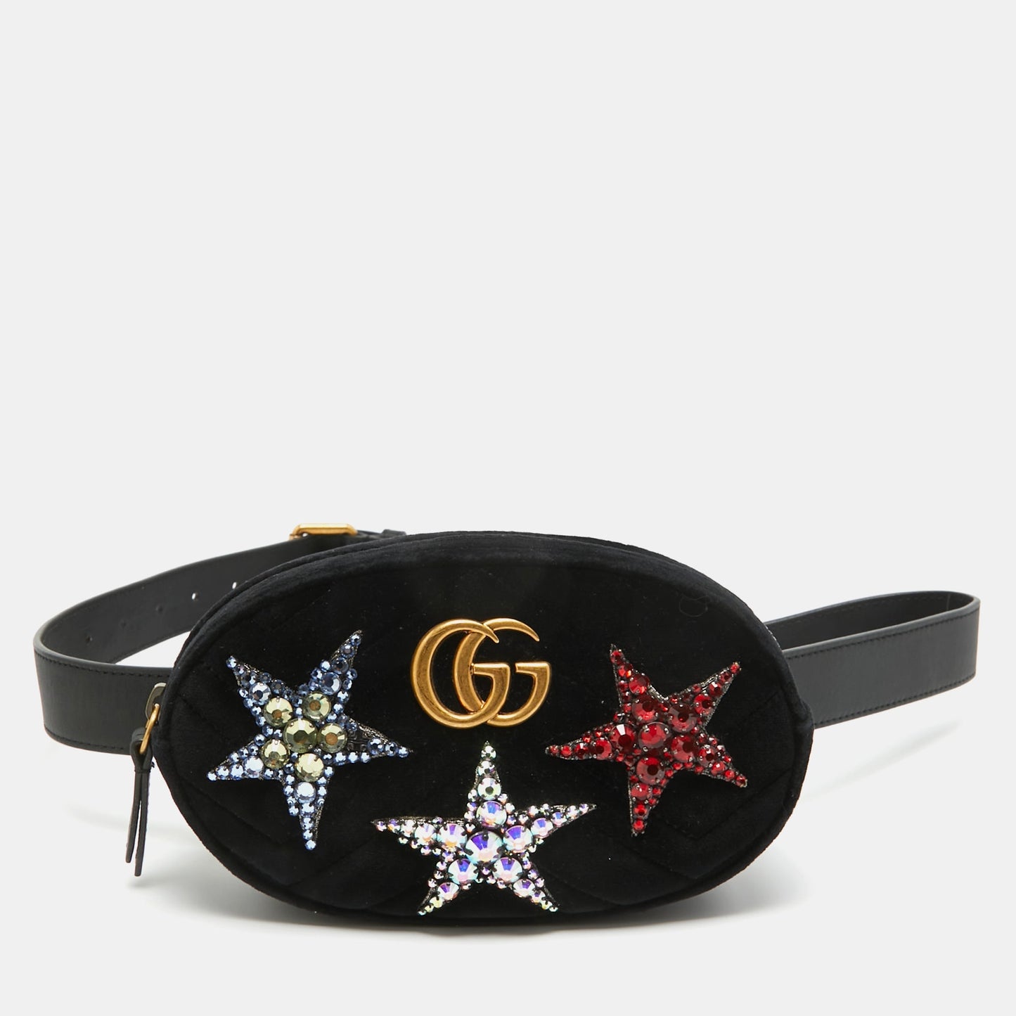 Luxury Gucci Trending 2025 Black Matelass&eacute; Velvet Star Crystal GG Marmont Belt Bag