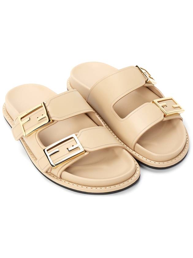 Luxury Fendi Women's FF Leather Fill Flat Sandals Slippers Beige