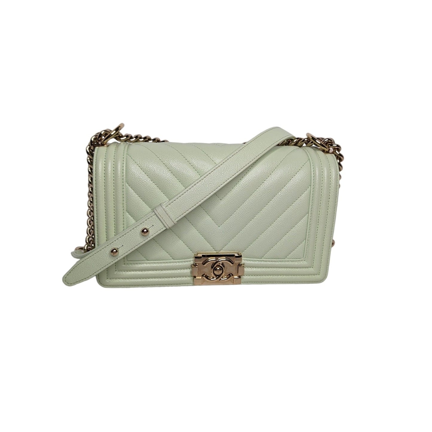 Luxury Chanel bag Caviar Chevron Quilted Medium Boy Flap Light Green