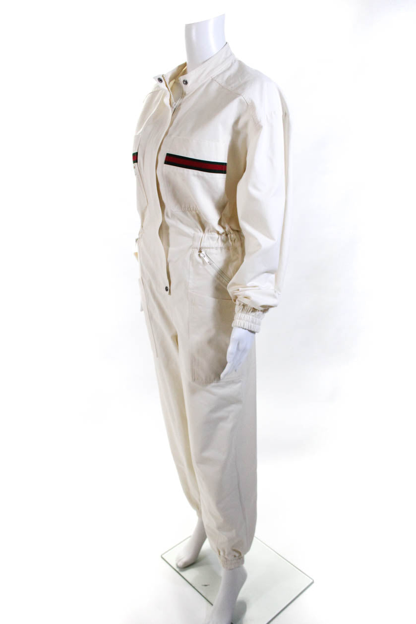 Gucci Womens Le Rose Di Eliogabalo Web Stripe Utility Jumpsuit Ivory