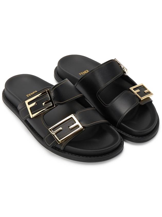 Luxury Fendi Women's FF Leather Fill Flat Sandals Slippers Black