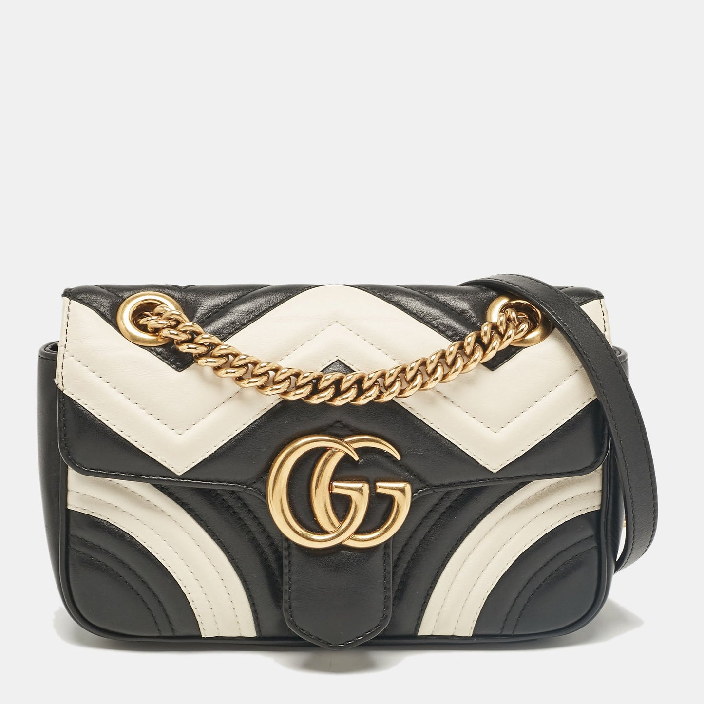 Luxury Gucci Trending 2025 Black/White Matelass&eacute; Leather Mini GG Marmont Shoulder Bag
