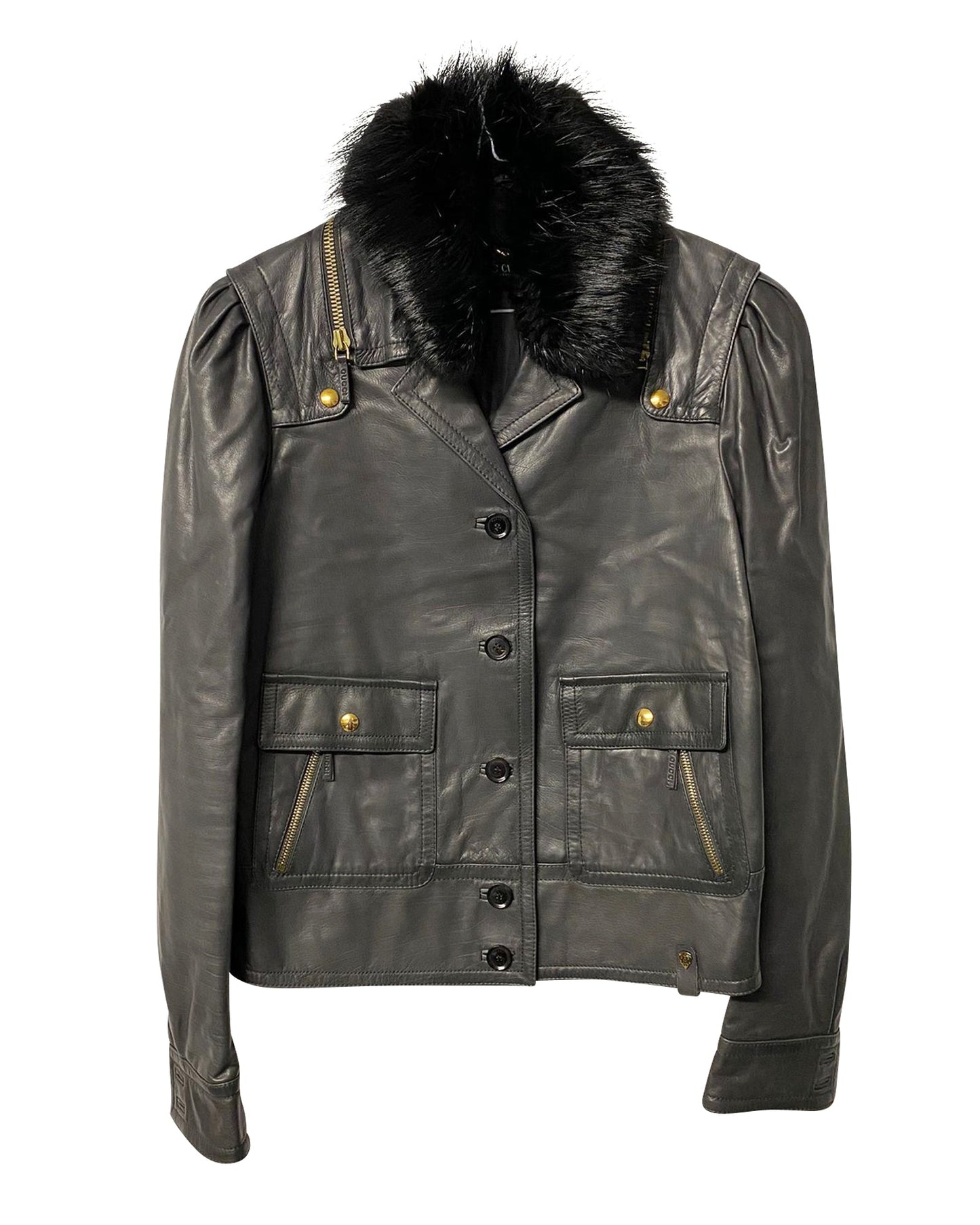 Luxury Gucci Trending 2025 Jacket with Fur Collar Detail in Black Leather