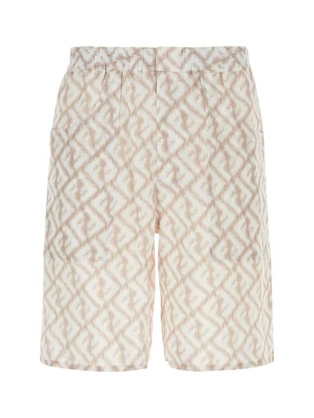 Luxury Fendi Logo Monogram Linen Bermuda Shorts Beige