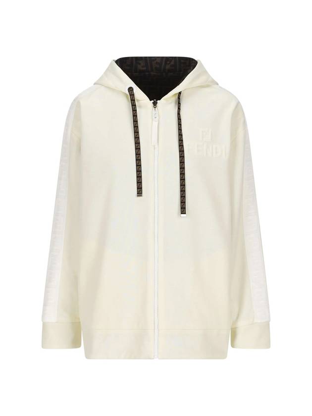 Luxury Fendi Embossed Logo Side FF Band Zip-Up Hoodie Ivory