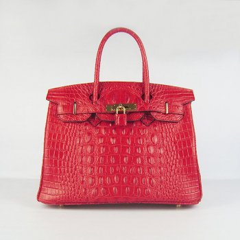 Luxury Hermes Birkin 30cm Crocodile Head Vein Handbags Red Golden
