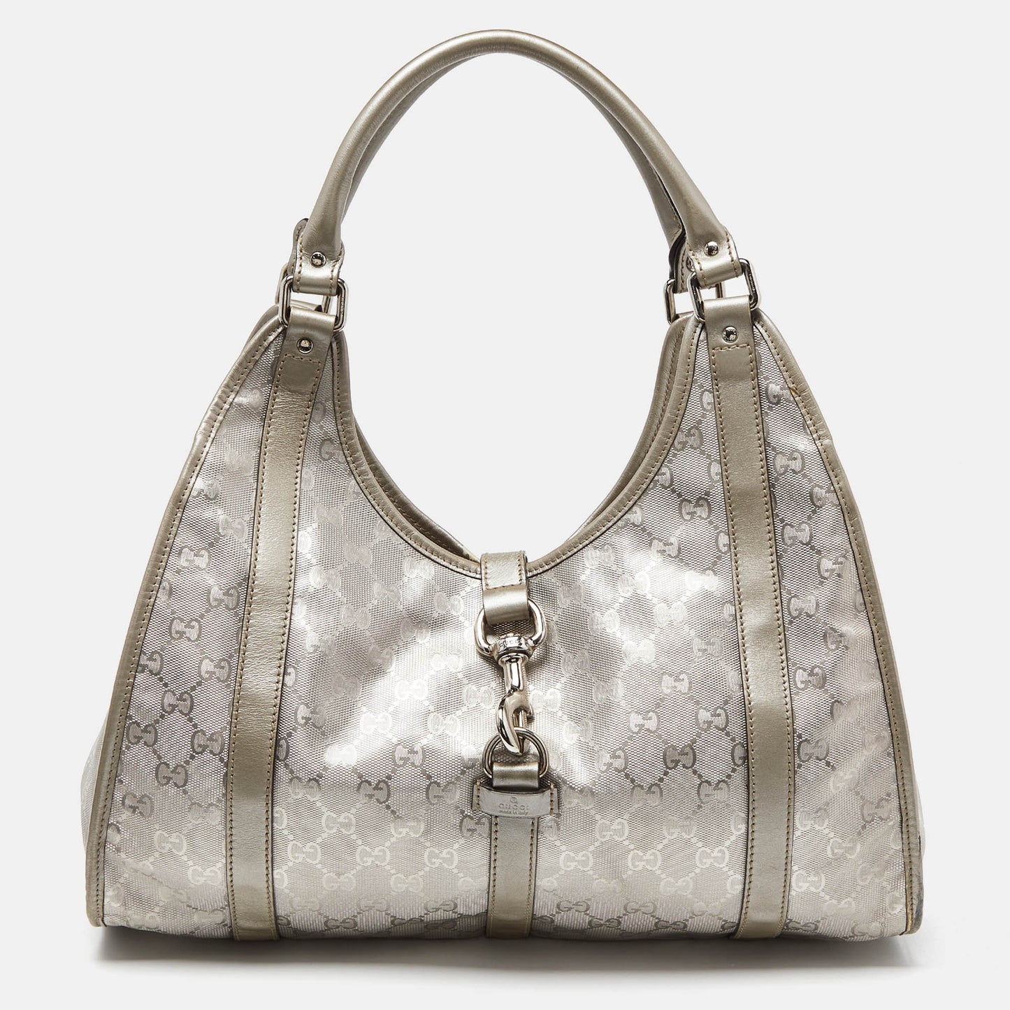 Luxury Gucci Trending 2025 Silver GG Imprime Canvas and Leather Medium Joy Shoulder Bag