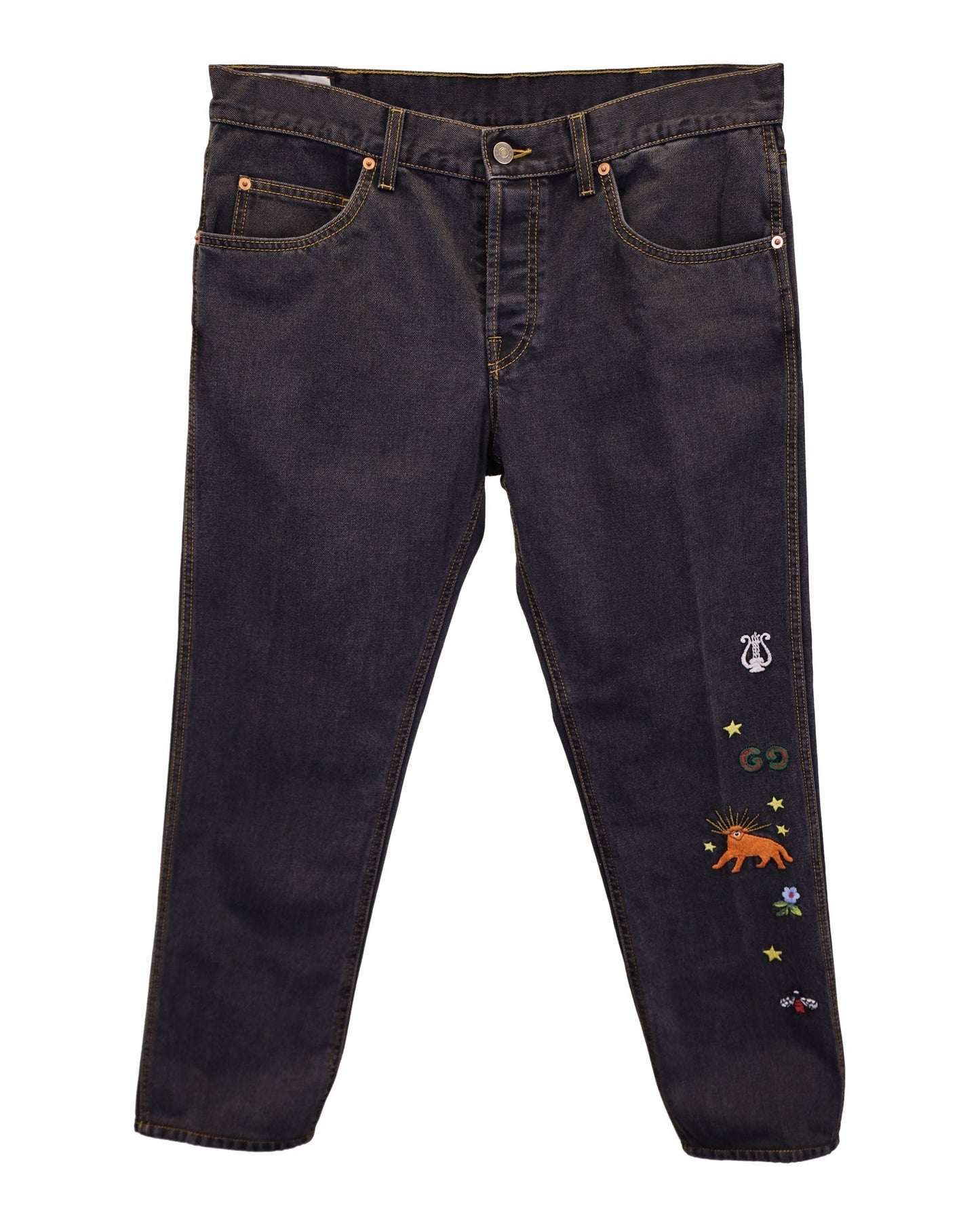 Gucci Embroidered Motif Slim-fit Jeans In Navy Blue Cotton