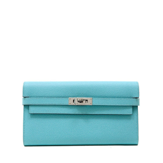 Luxury Hermes Robin's Egg Blue Epsom Kelly Wallet with Palladium Hardware