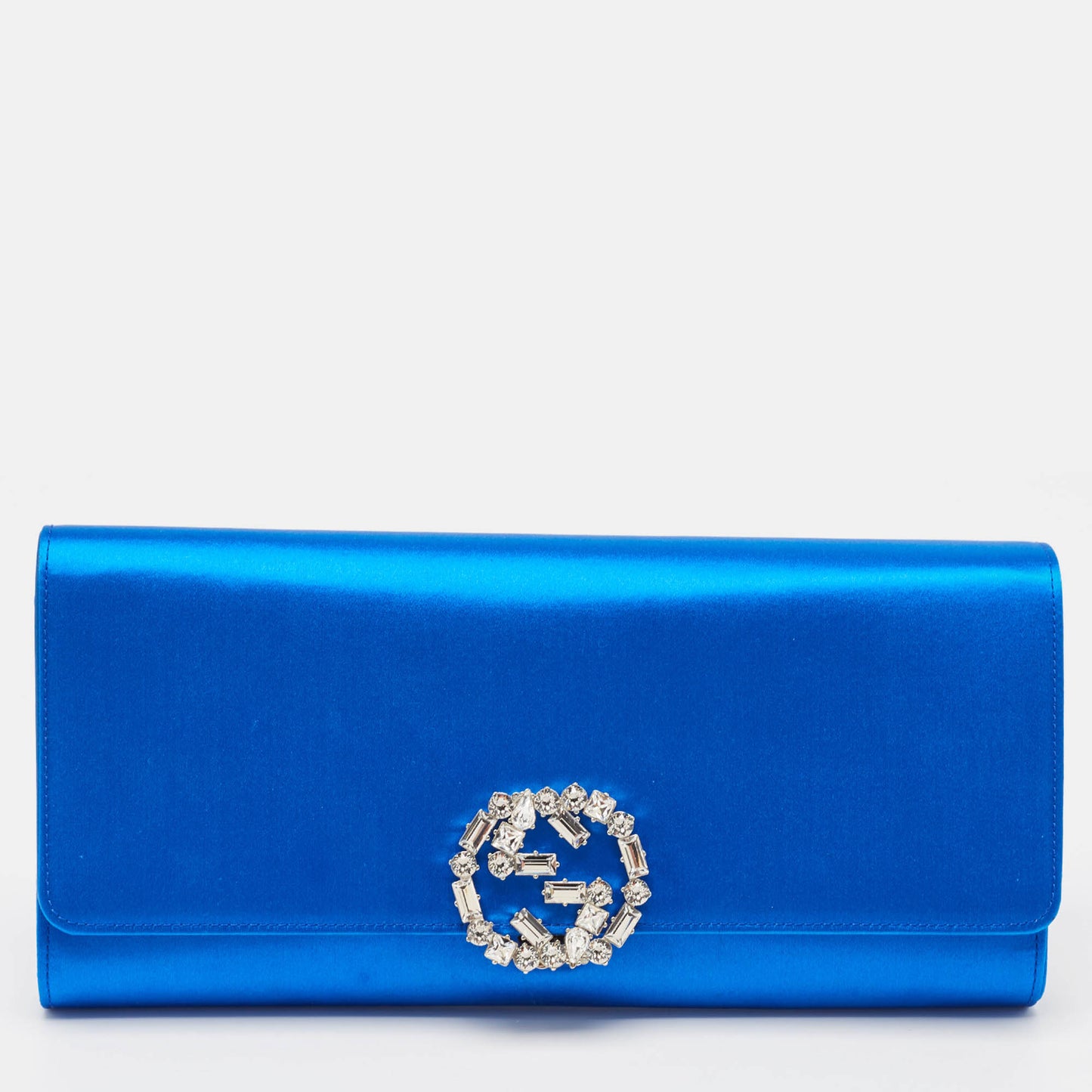 Luxury Gucci Trending 2025 Royal Blue Satin GG Crystals Broadway Clutch