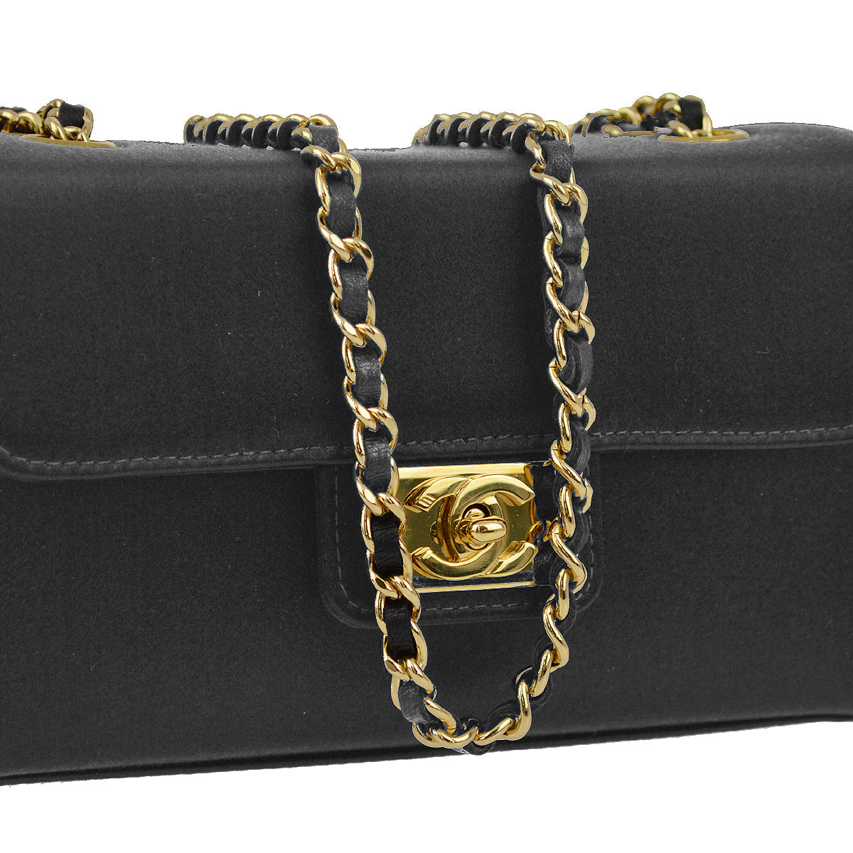 Luxury Chanel * Black Satin Double Chain Shoulder Bag