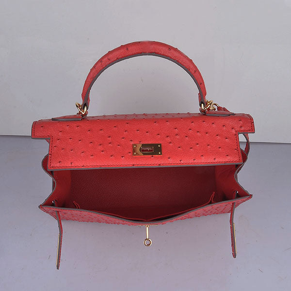 Luxury Hermes Kelly 32cm Ostrich Vein 6108 Red Golden