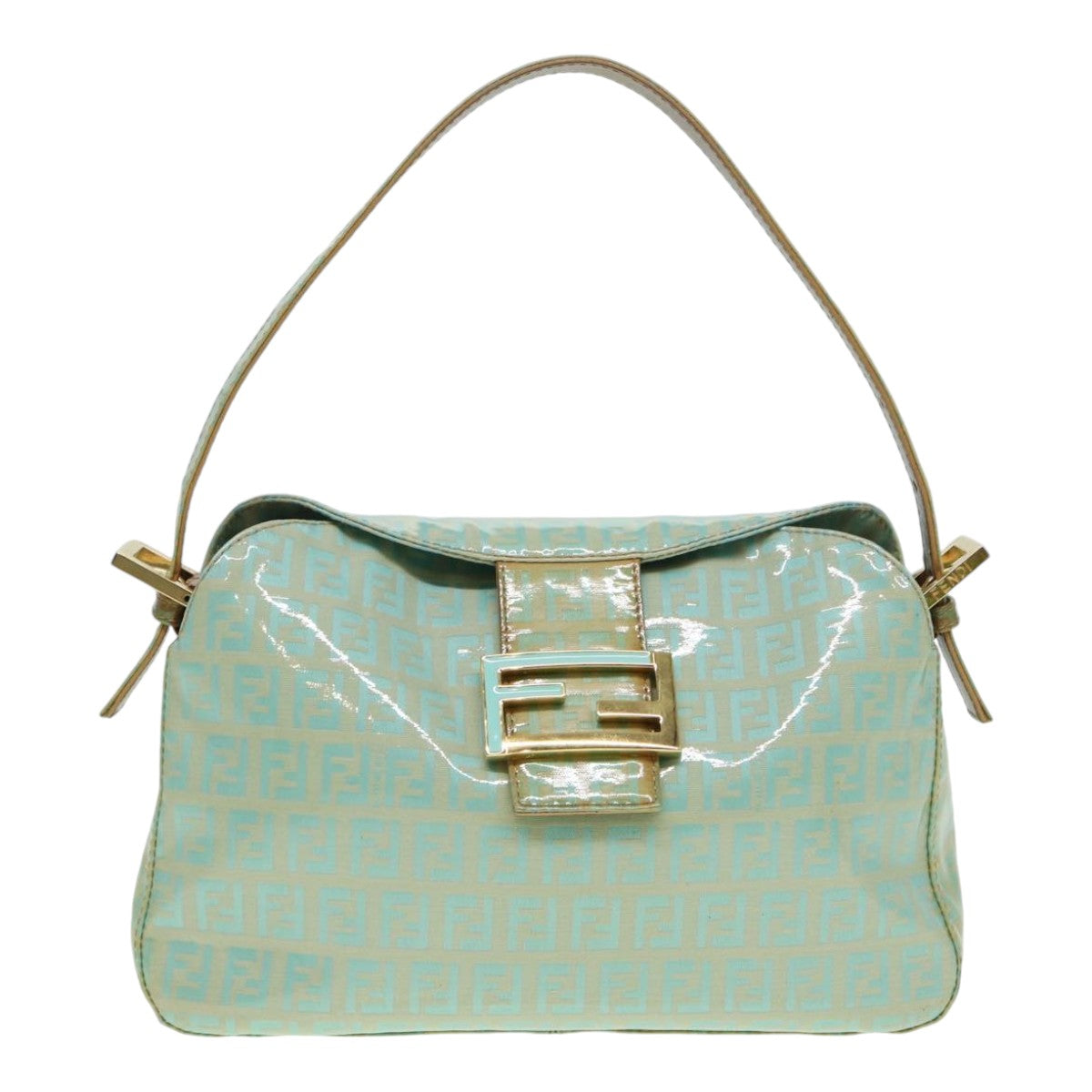 Luxury Fendi Zucchino Canvas Mamma Baguette Shoulder Bag Enamel Gold Greenep5220