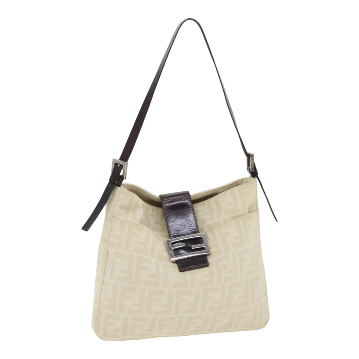 Luxury Fendi Zucca Canvas Shoulder Bag Beige Brown Silverep5724