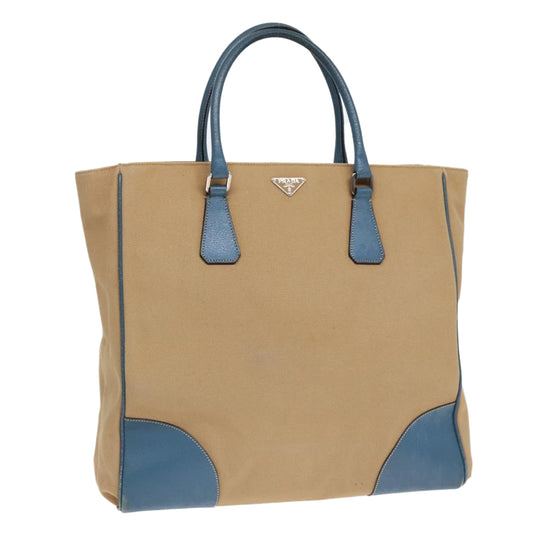 Luxury Prada Hand Bag Canvas Leather Beige Blue Silver  ep5751