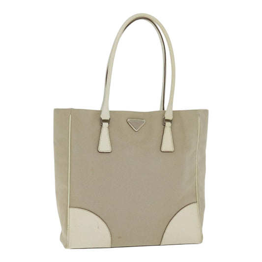 Luxury Prada Tote Bag Canvas Leather Beige Cream Silver  ep5828
