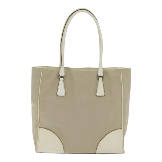 Luxury Prada Tote Bag Canvas Leather Beige Cream Silver  ep5828