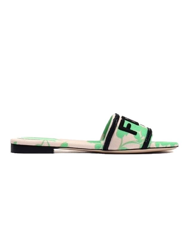 Luxury Fendi Rose Print Embroidered Logo Canvas Slide Slippers Green