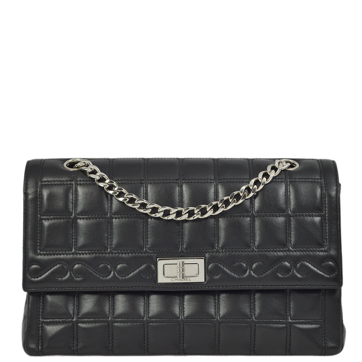 Luxury Chanel Black Lambskin Mademoiselle Lock Choco Bar Shoulder Bag