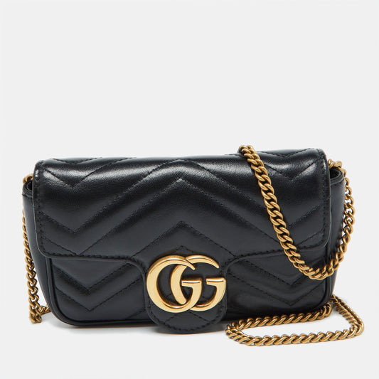 Luxury Gucci Trending 2025 Black Matelass&eacute; Leather Gg Marmont Super Mini Shoulder Bag..