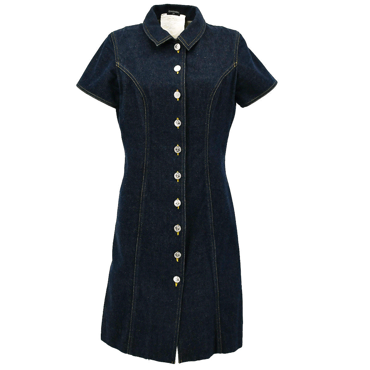 Luxury Chanel 1990s logo-buttons denim dress #38
