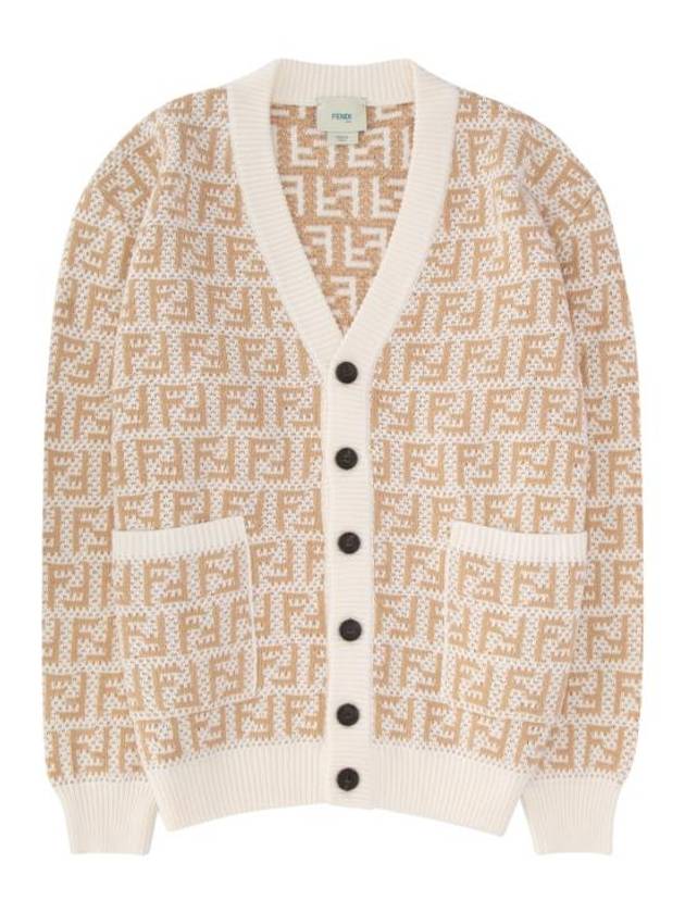 Luxury Fendi Kids FF Motif Knit Cardigan Beige