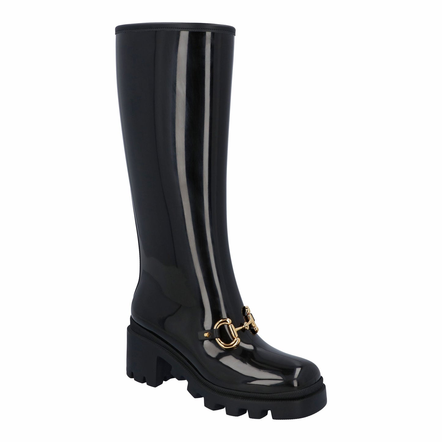 Luxury Gucci Trending 2025 Women Knee-High Rubber Boot With Horsebit In Black Leather
