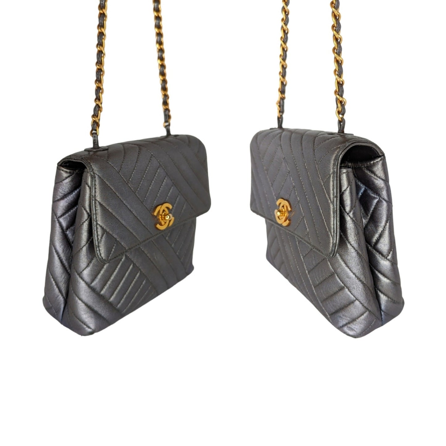 Luxury Chanel Vintage Chevron Quilted Square Flap Bag