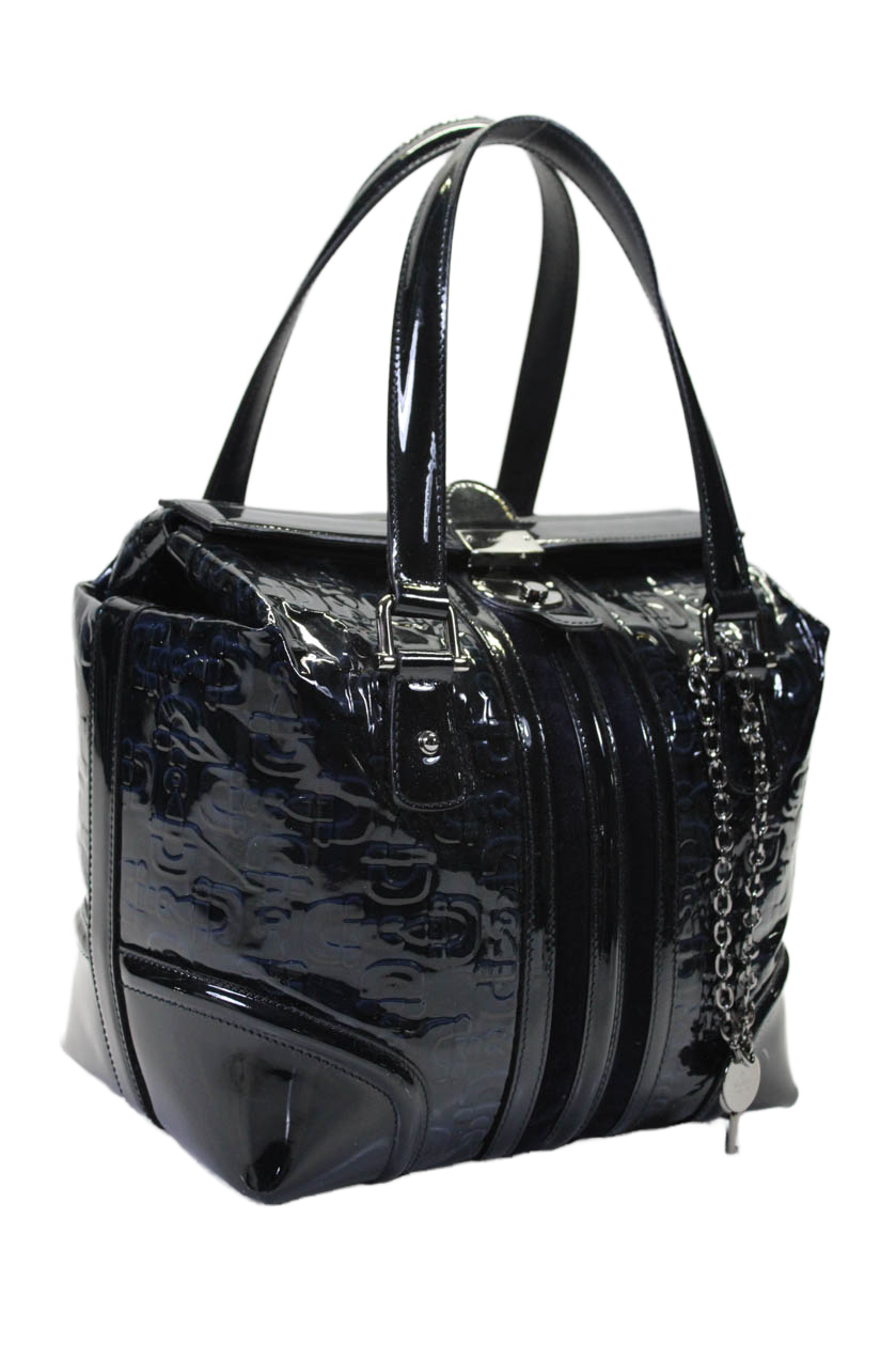 Gucci Womens Patent Leather Horsebit Print Treasure Boston Handbag Midnight Blue