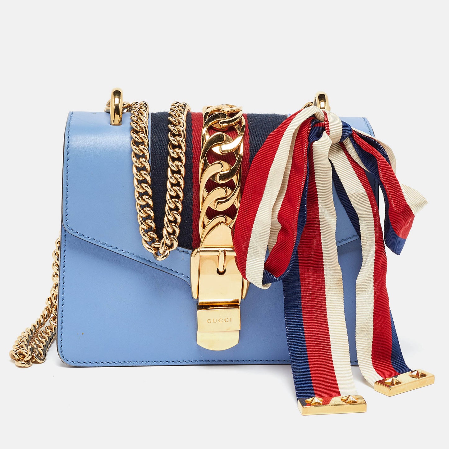 Luxury Gucci Trending 2025 Blue Leather Small Sylvie Chain Shoulder Bag
