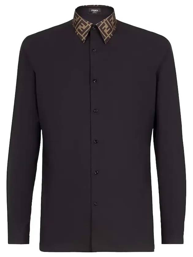 Luxury Fendi FF Jacquard Collar Slim Fit Poplin Long Sleeve Shirt Black