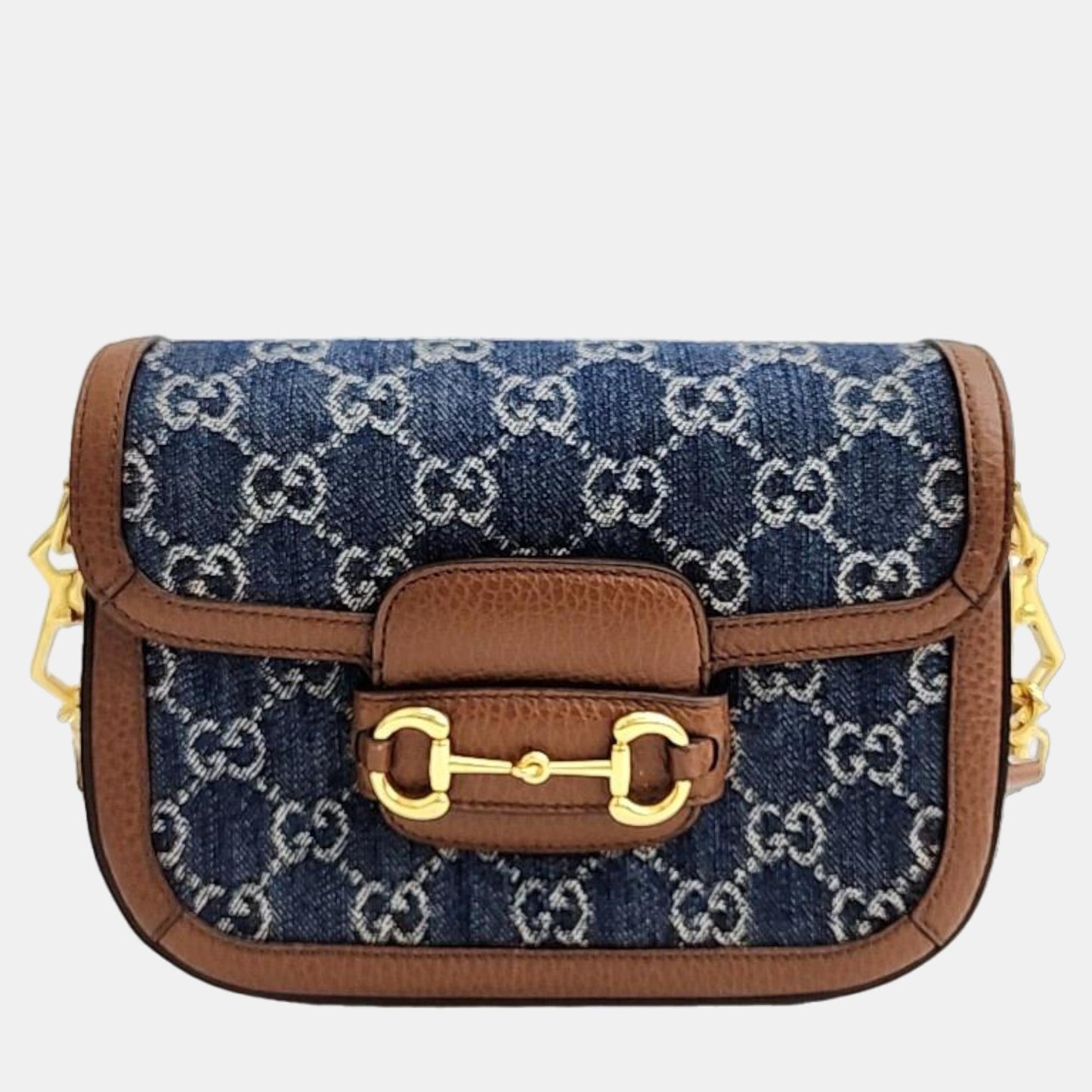 Luxury Gucci Trending 2025 Blue/Brown GG Canvas and Leather Mini Horsebit 1955 Crossbody Bag