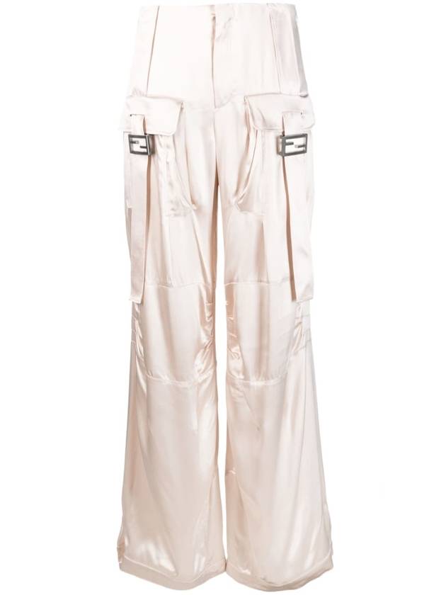 Luxury Fendi Women's Viscose Shiny Cargo Straight Pants Beige