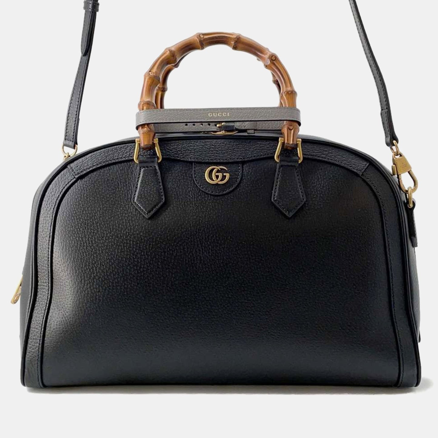Luxury Gucci Trending 2025 Black/Dusty Grey Textured Dollar Calfskin Web Large Diana Duffle Bag