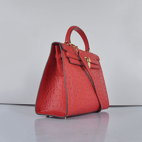 Luxury Hermes Kelly 32cm Ostrich Vein 6108 Red Golden