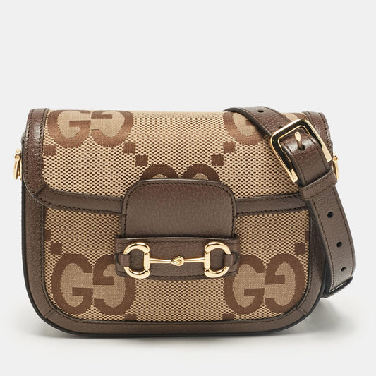 Luxury Gucci Trending 2025 Brown/Beige Jumbo GG Canvas and Leather Horsebit 1955 Crossbody Bag