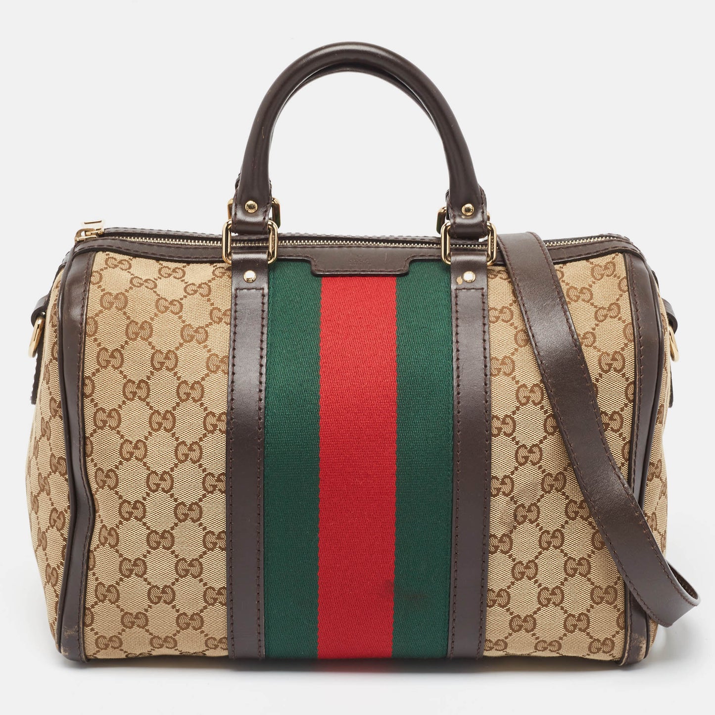 Luxury Gucci Trending 2025 Beige/Brown GG Canvas and Leather Medium Vintage Web Boston Bag
