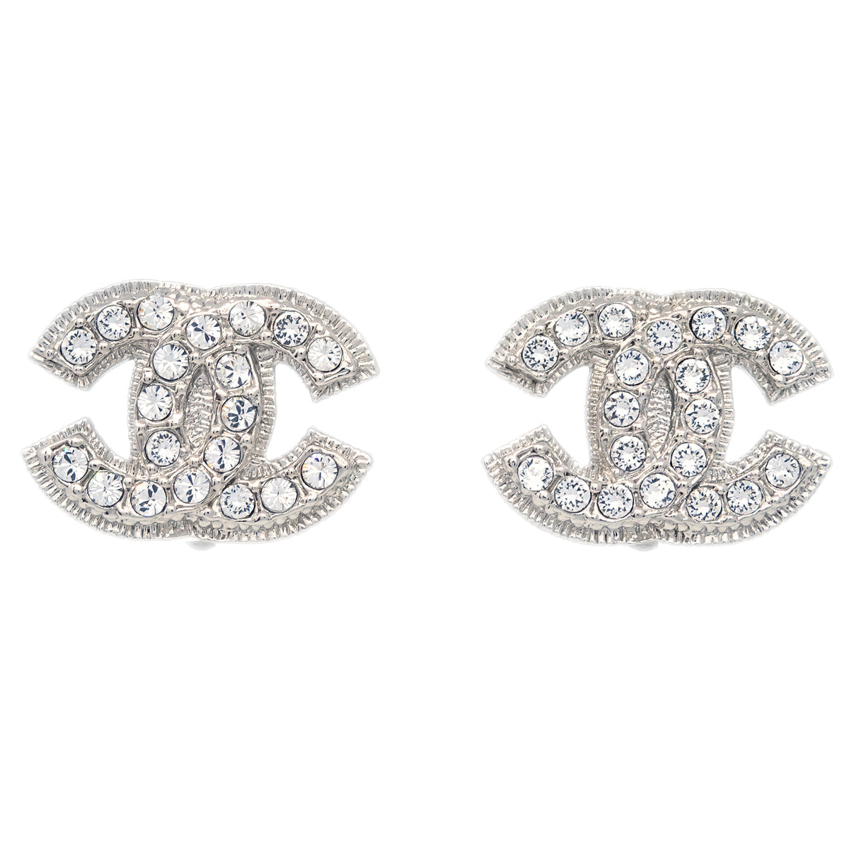 Chanel CC Rhinestone Earrings Clip-On Silver A13V