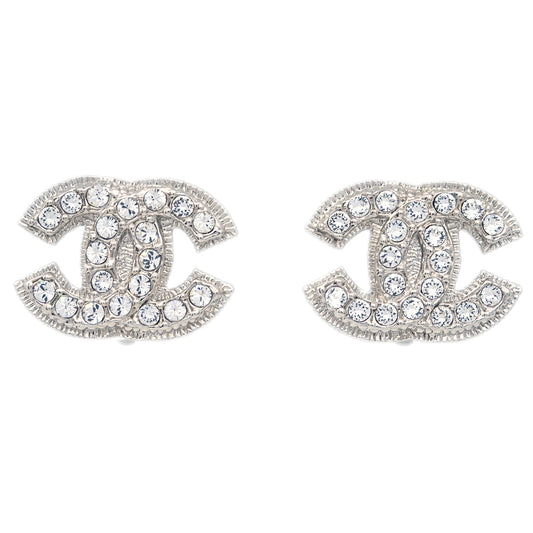 Chanel CC Rhinestone Earrings Clip-On Silver A13V