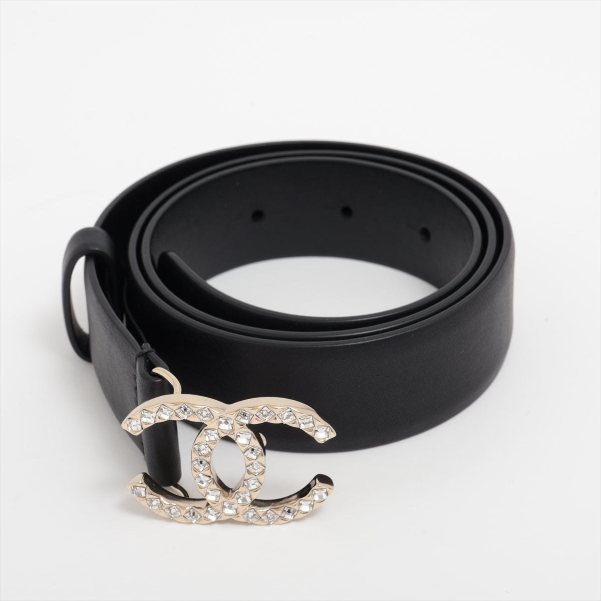 Chanel Coco B20A Belt 80 GP x Rhinestone x Leather Black