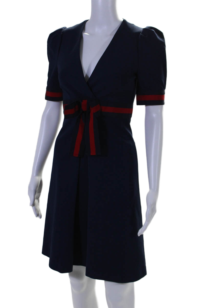 Gucci Womens V Neck Short Sleeves A Line Dress Navy Blue Red