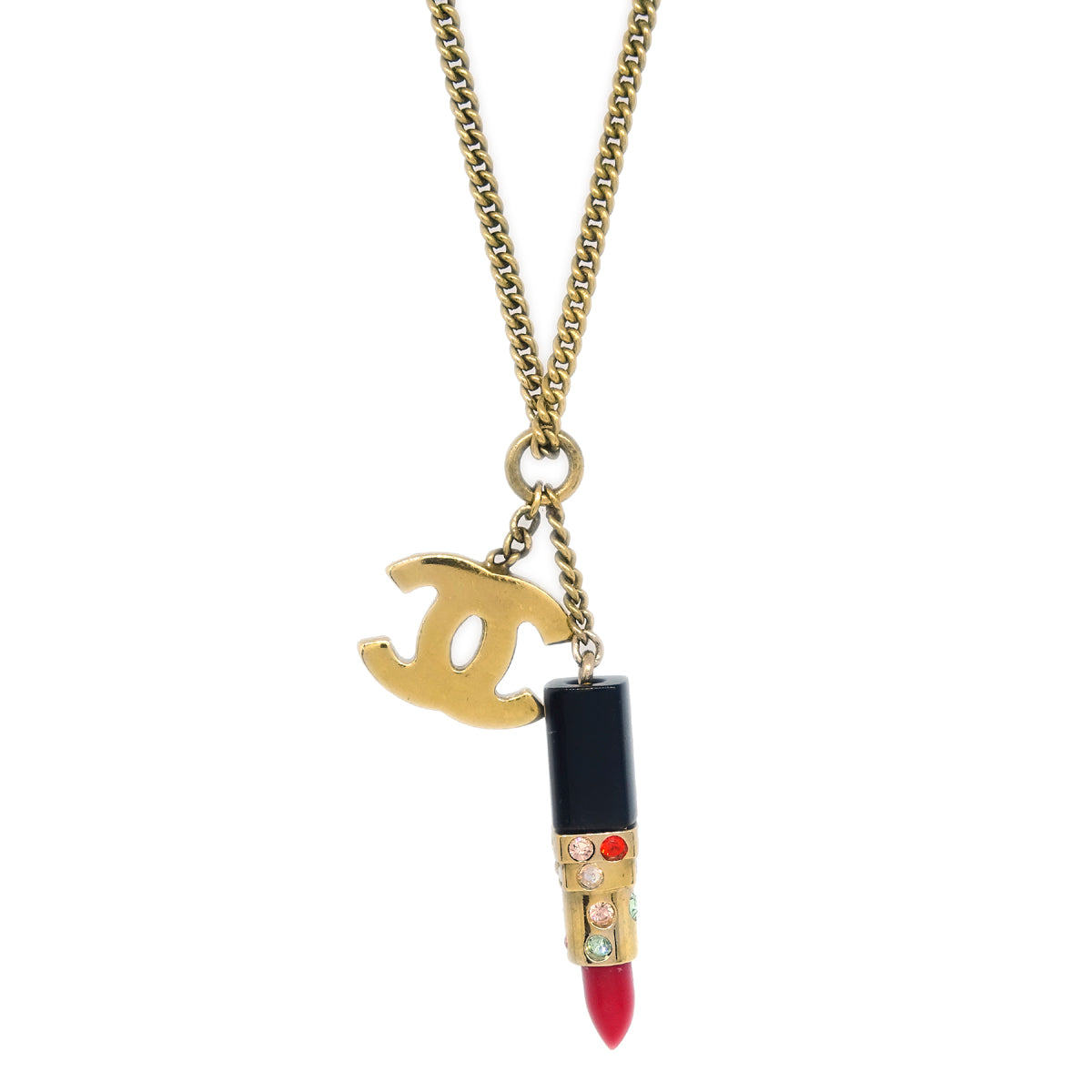 Chanel Lipstick Chain Pendant Necklace Rhinestone Gold 04A