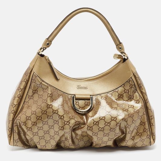 Luxury Gucci Trending 2025 Beige/Gold GG Crystal Canvas Large D Ring Hobo
