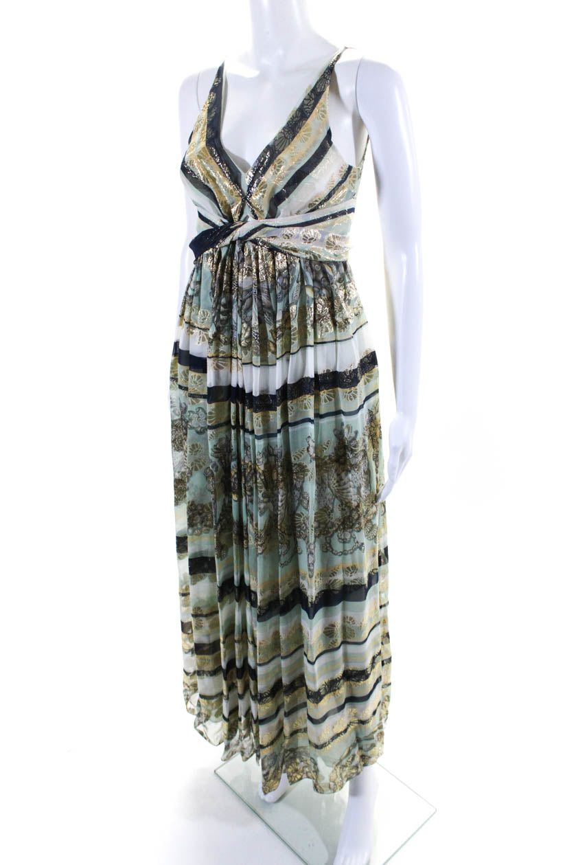 Gucci Womens Silk Sea Shell Print V Neck Maxi Dress Multi Colored