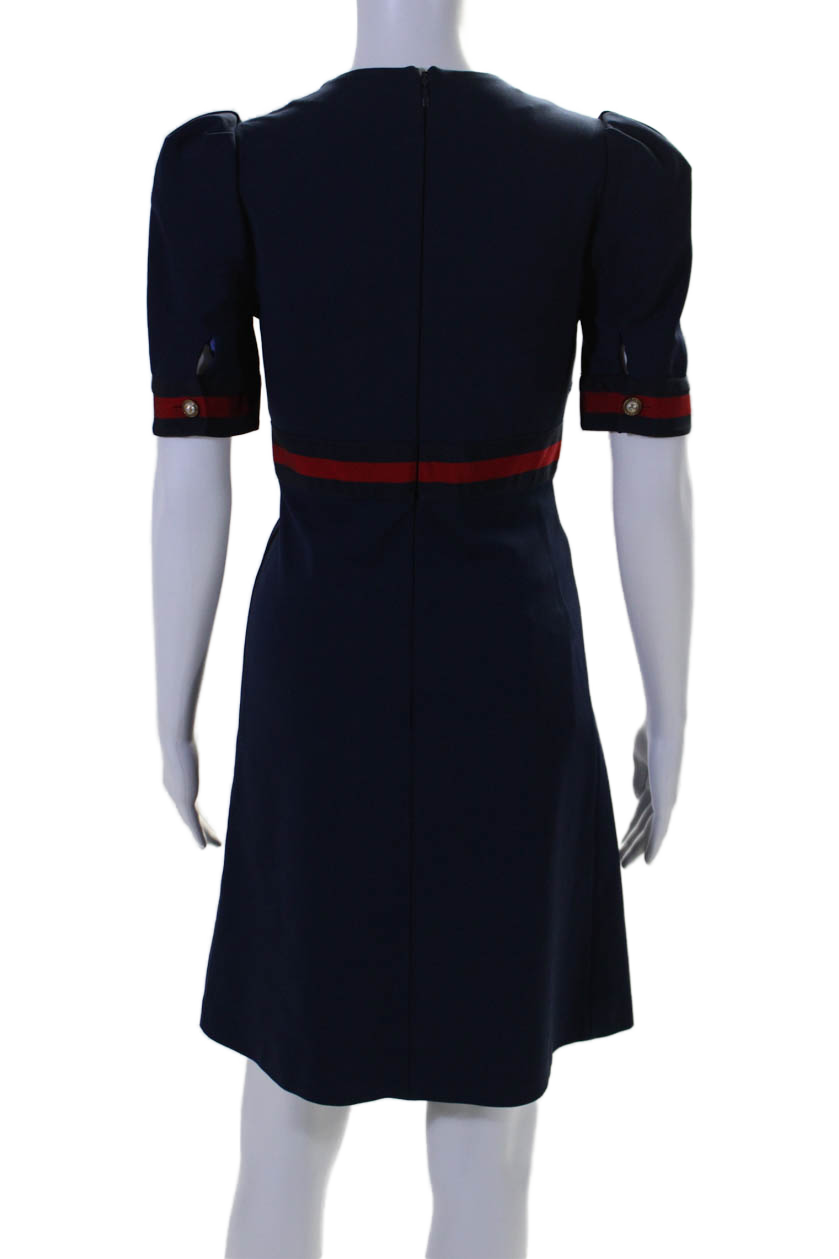 Gucci Womens V Neck Short Sleeves A Line Dress Navy Blue Red