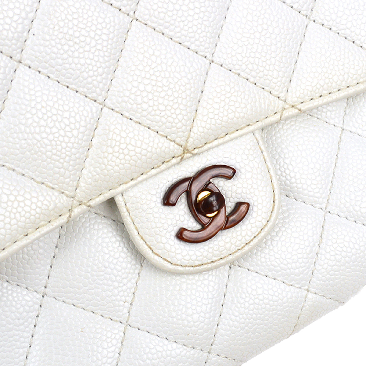 Luxury Chanel 1997-1999 White Caviar Classic Flap Acrylic Chain Shoulder Bag