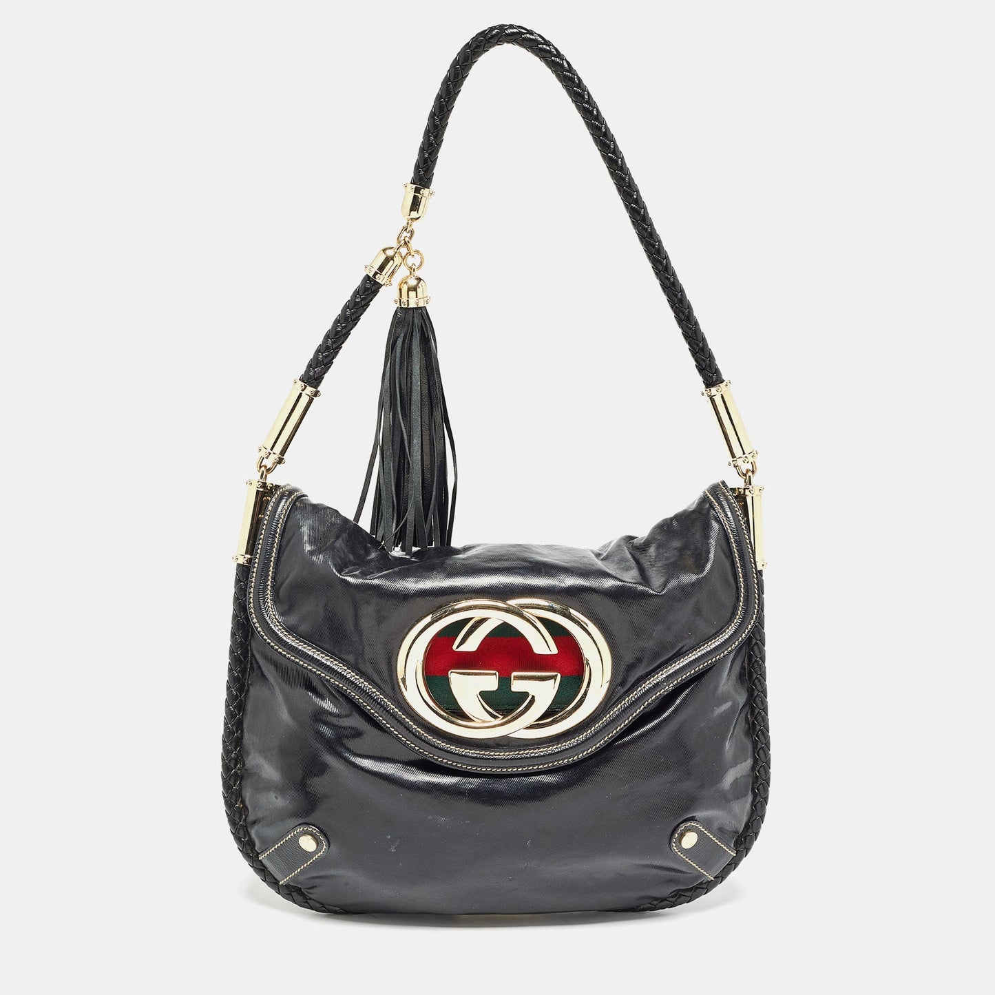 Luxury Gucci Trending 2025 Black Coated Canvas and Leather Britt Tassel Hobo