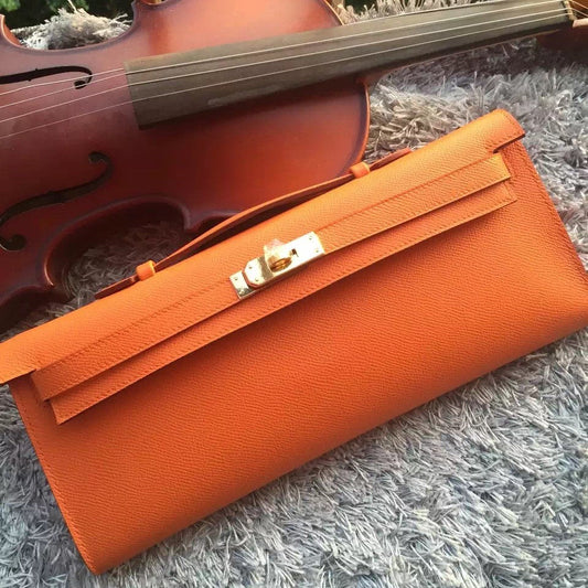 Luxury Hermes Orange Handcrafted Kelly Cut Clutch