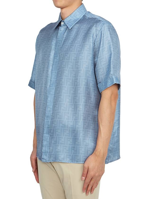Luxury Fendi Men's FF Motif Silk Short Sleeve Shirt Blue